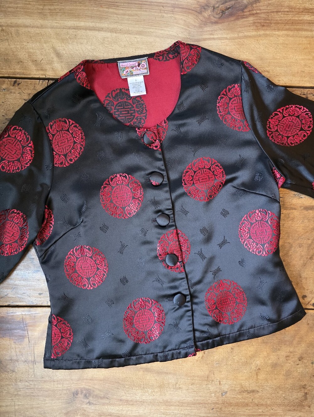 Vintage April Cornell Chinese Tang Jacket – Size S –Black/Red Brocade Medallions
